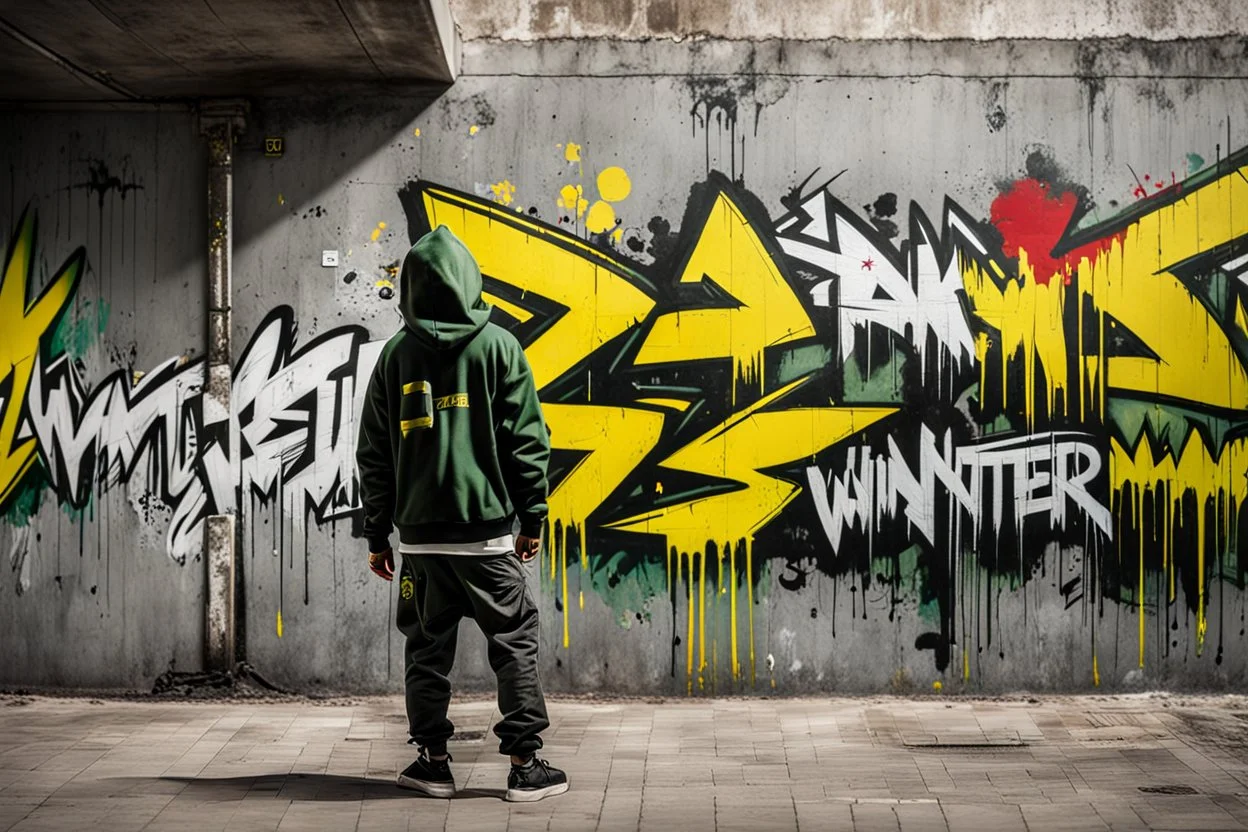 a graffiti painted on concrete wall of underpass: a graffiti (portrait:1.6) of a young cyberpunk hacker with graffiti text in white all-caps text: "WINTERMUTE"; street art, graffiti green-yellow-black triotone, wall painted matte black and yellow and deep red, semi-front view, low angle, daylight, cinematic, dramatic