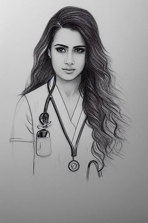 Pencil sketch of Young woman , nurse , Arab features,sad, long wavy hair, full body، on lined paper