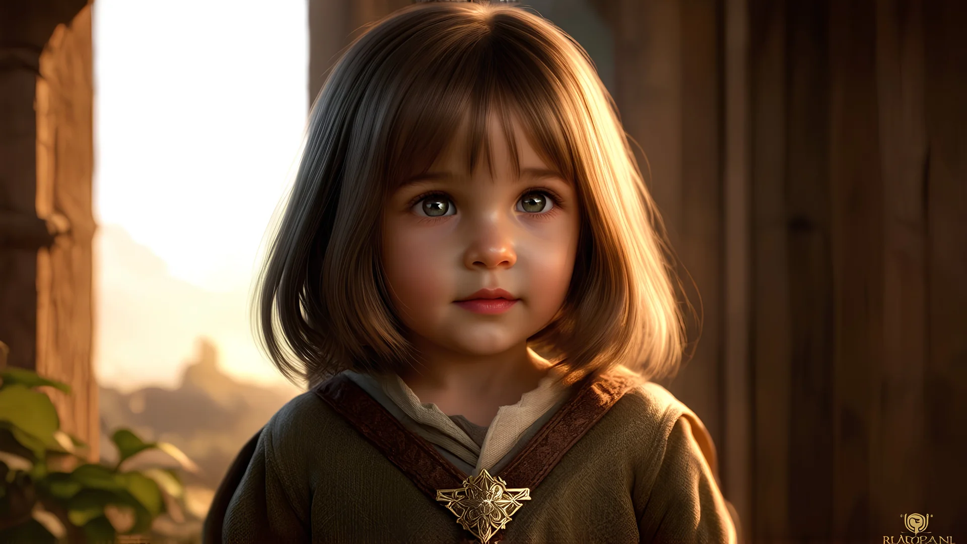 Thoughtful calm happy 2-year-old hobbit girl, engaging, confident, peaceful, aware, intelligent, cheeky, showing her head and upper body, perfect eyes, perfect anatomy, exquisite composition, beautiful detailed intricate detailed octane render, 8k artistic photography, photorealistic, soft natural volumetric cinematic perfect light, chiaroscuro, award-winning photograph, masterpiece, raphael, caravaggio, bouguereau