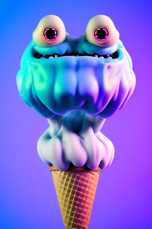 Big ice cream monster, smile, happy, gradient color fog. highly detailed, concept art, unreal engine 5, ray tracing, RTX, lumen lighting, ultra detail, volumetric lighting, 3d, finely drawn, high definition, high resolution.