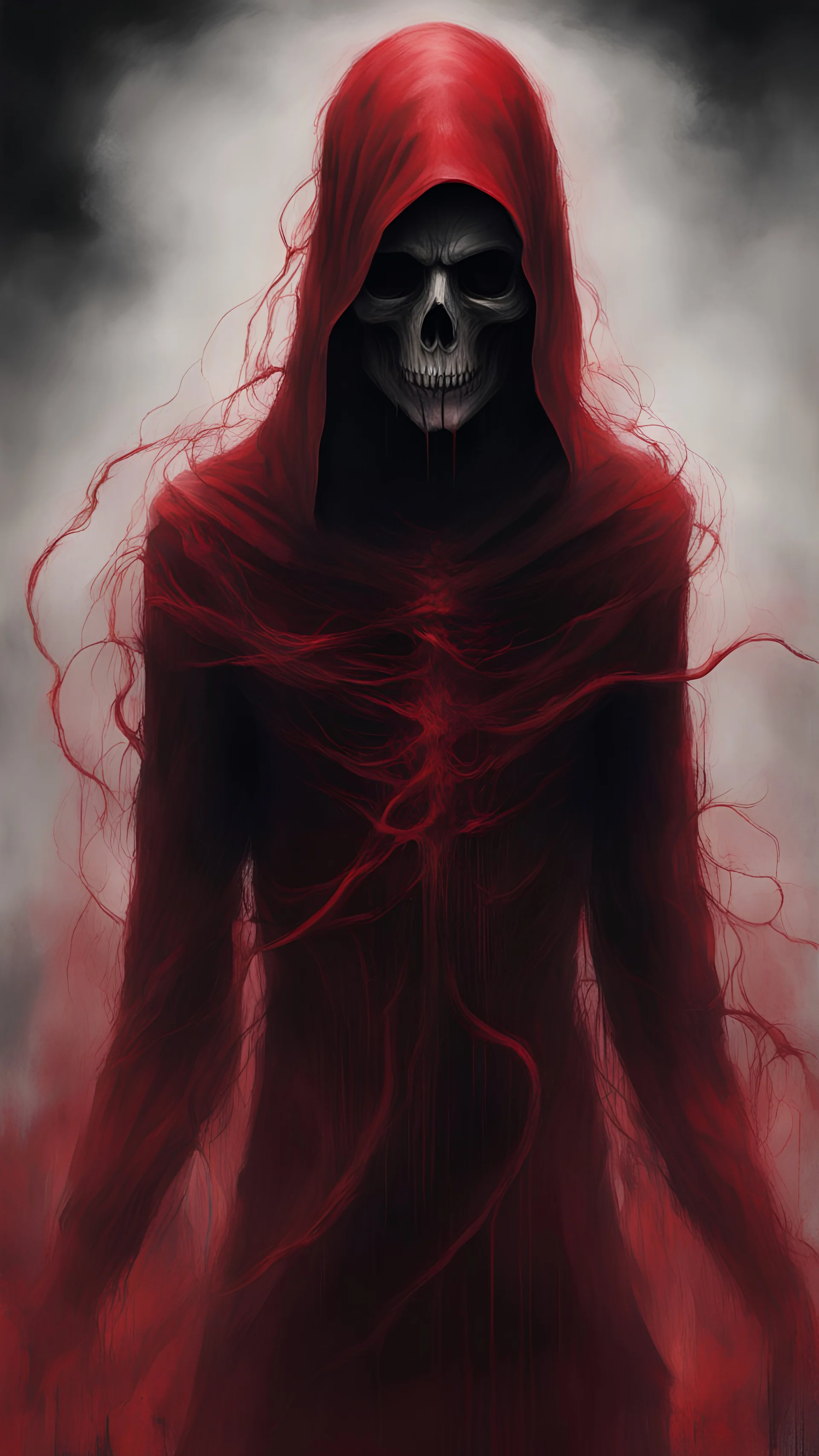 As this enigmatic figure commands attention, the background is shrouded in ominous wisps of mist that coil and writhe, casting an ethereal ambiance that amplifies the impending dread. In the palette of monochromatic dreams, minimalist strokes of crimson red pulse like veins of eerie life, a macabre heartbeat coursing through the very essence of the spectral reaper. 'Crimson Reckoning' invites you into a haunting dreamscape, where each crimson stroke is a note in the reaper's haunting symphony.