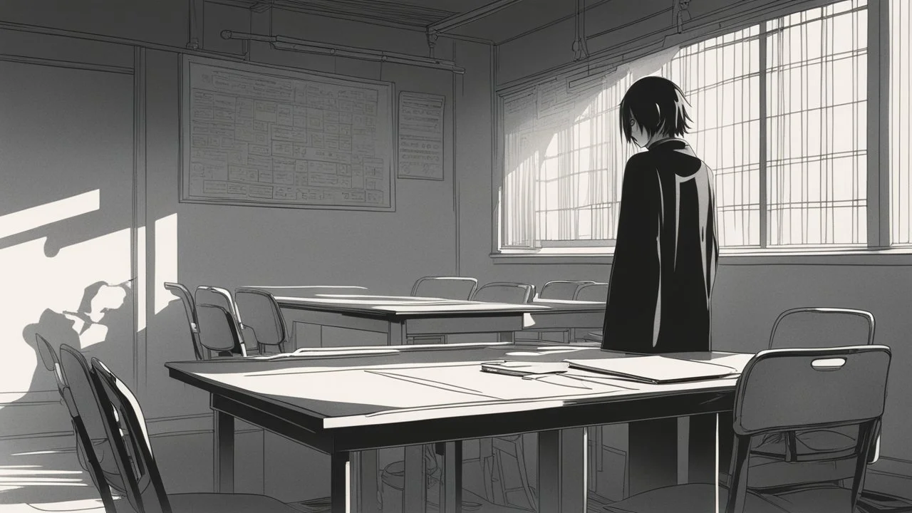 monochromatic japanese classroom with a shadowy figure looking out the window holding a transparent key emanating glow that colors the surroundings, anime