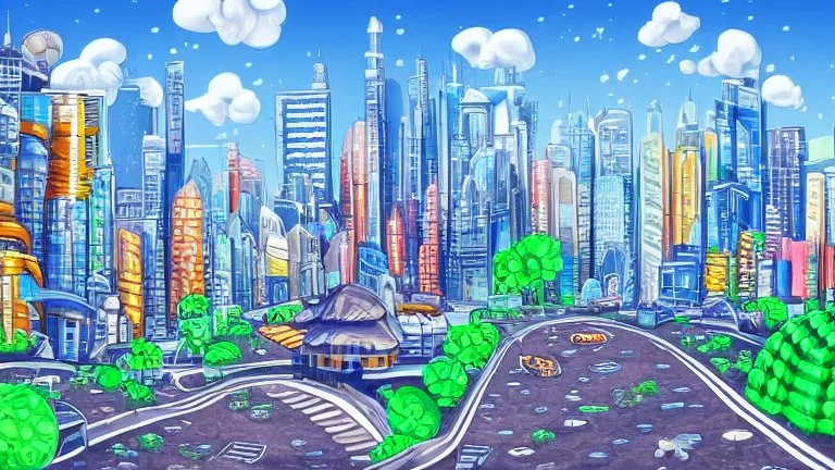 detailed alien cityscape, buildings with balconies, tracks, roads, paths, river, blue sky, white clouds