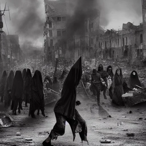 women, faces covered in black masks, ragged clothes, holding flag, war-torn, destroyed city in the background, 8k resolution, hyperrealistic, detailed matte painting, b&w, dynamic lighting, war, anarchy, terrorists, revolt, protests,