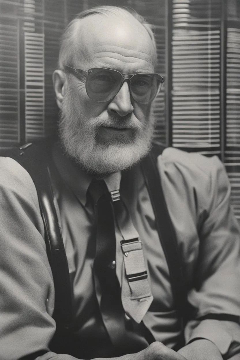 A portrait of a man in hir 50s. From the future