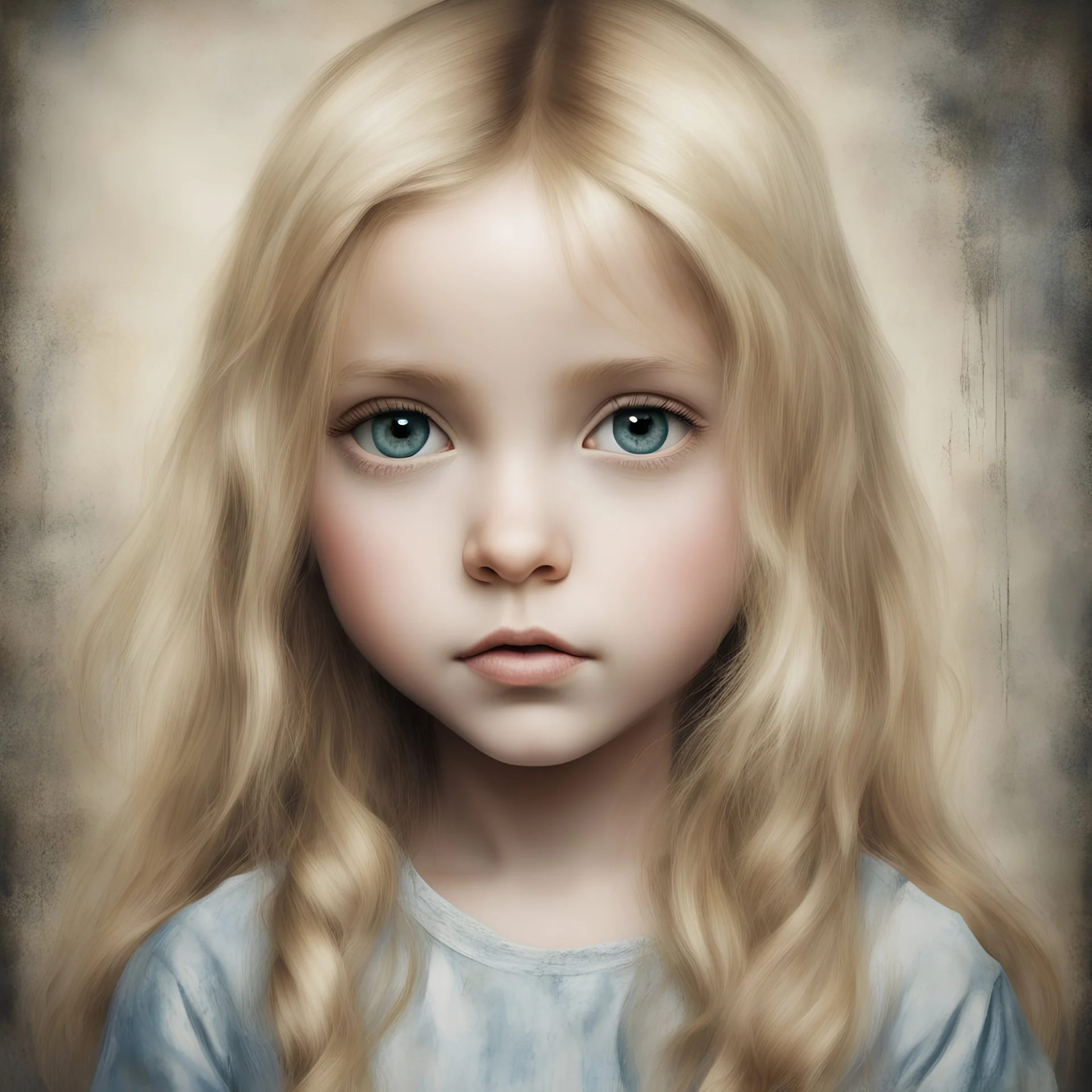 blond Little girl , grunge, long hair, , in the style of Margaret Keane