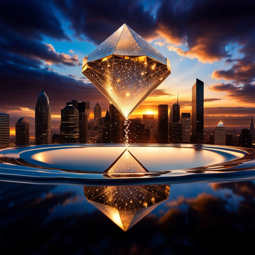 In a mesmerizing scene, envision 4 diamond and silver and gold symetric hexagonal prism repeating 3d mandelbolb fractal structure halfly filled with water splash against the backdrop of a gleaming modern futuristic future stormy sunset cityscape. Suddenly, without warning, the hexagonal prism begin to collapse and drops to the water making water splashes, creating a symphony of light and sound as they shatter into a myriad of sparkling fragments. Explore the juxtaposition of beauty and destructi