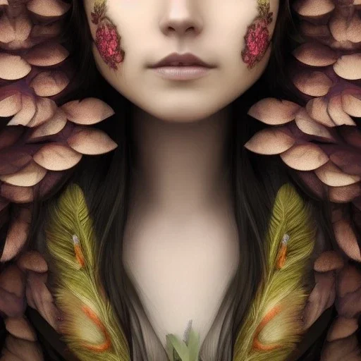 Portrait of beautiful girl, face dept of field,face shining, plant, metal, feathers,central weight average, CWA Dryad, fae, sidhe, ominous, nature, plants, wildflower sparkle,wildflower 3d view, facepaint, dnd character portrait, intricate, oil on canvas, masterpiece, expert, insanely detailed, 4k resolution, retroanime style, cute big circular reflective eyes, cinematic smooth, intricate detail , soft smooth lighting, soft pastel colors, painted Renaissance style,sharp fucus, bokeh,macro lens,