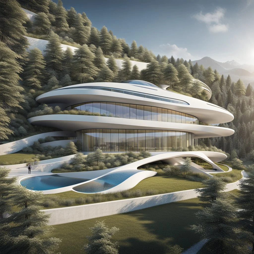 Escuela ecológica futurista, estilo Zaha Hadid, calidad ultra, hiperdetallada, hiperrealista, arte digital, 8k3D, vista aérea