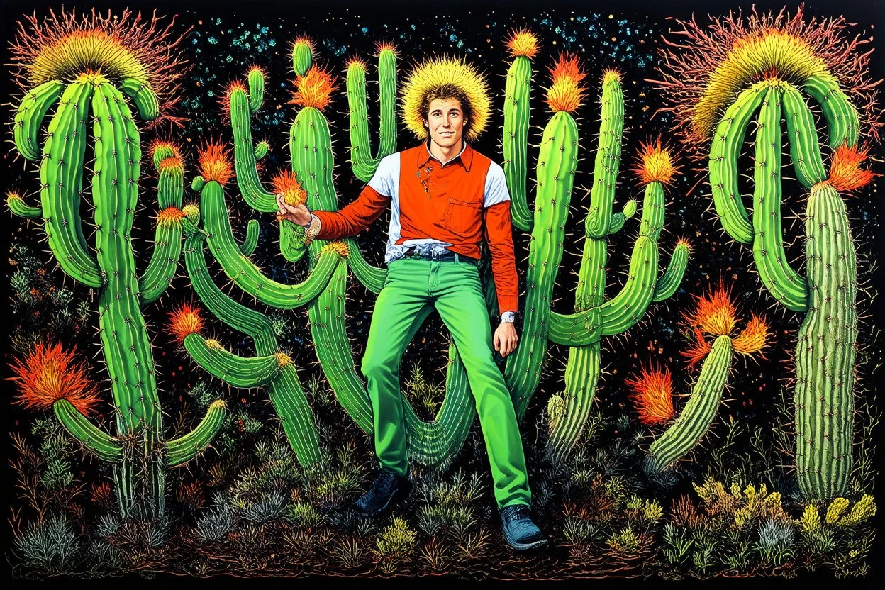 exquisite handcolored steel engraving captures. "Jamie, a footloose and self-absorbed young American, is traveling in Chile and is keen to experience the mysteries of a local hallucinogen — the mescaline-bearing San Pedro cactus." explosive contrast of brilliant colors. magical strokes, insanely detailed textures, complicated background, disturbing, scribbling. magical whimsical world. after Paul Gauguin. after Jacek Yerka. after Catrin Welz-Stein. black and gold, background in graphic and water