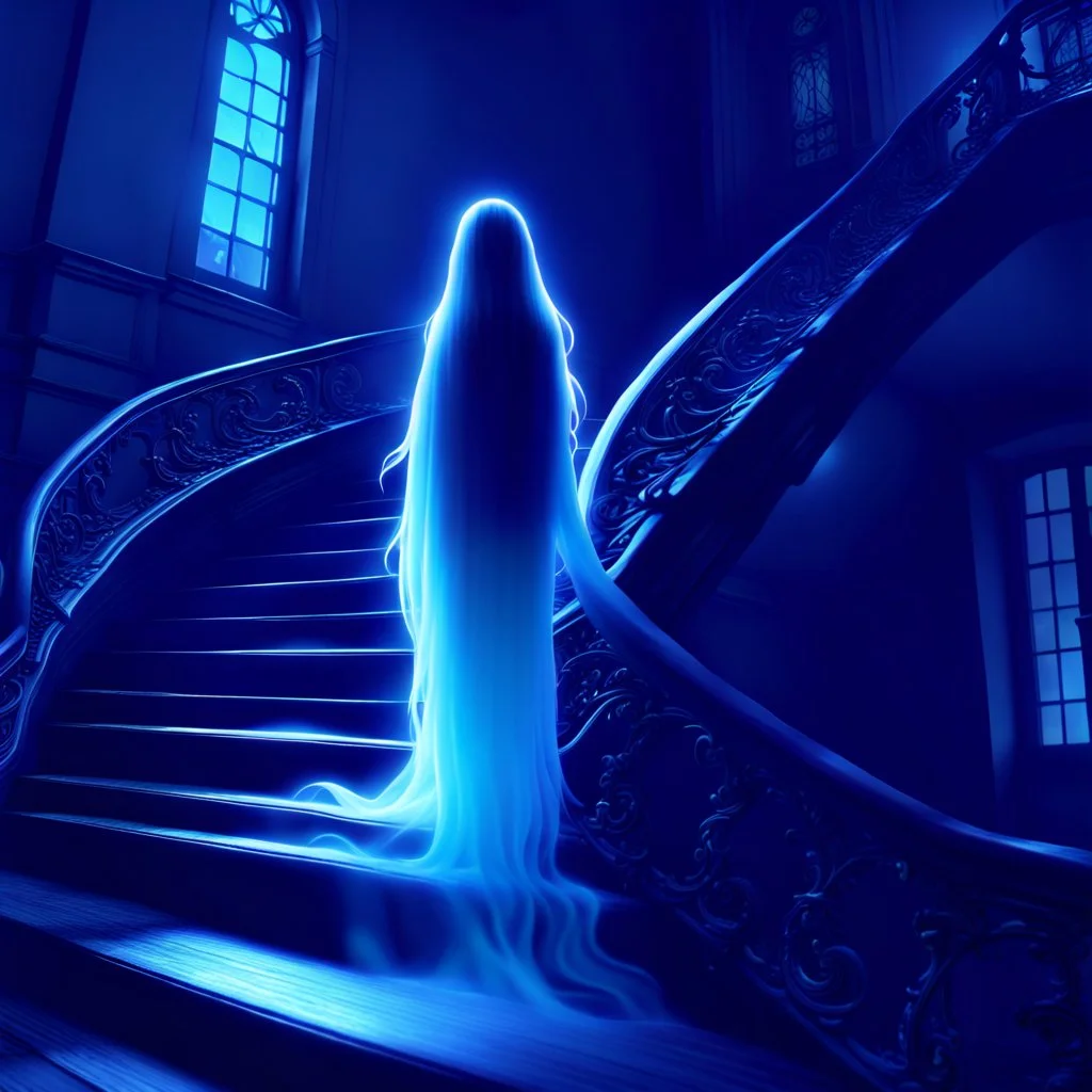 3D, a beautiful ghost on a beautiful staircase, a Patronus charm, calm, charming, flowing, glowwave, the lady by the lake, long flowing hair, ghostly, translucent, hauntingly beautiful, Modifiers: high definition