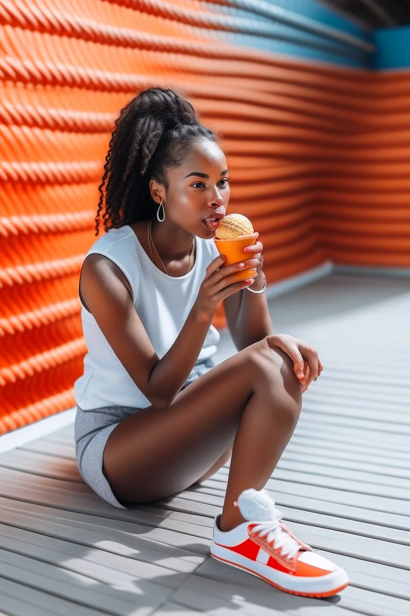 a woman sitting in a basketball court and eating ice cream