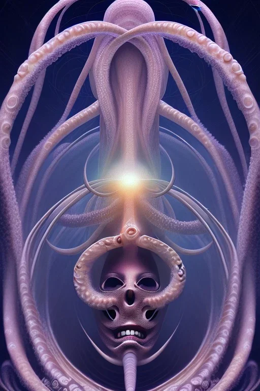 Spiritual being with Tentacles over human Head creating reality around, wrapping Spiral around Human, Psychedelic