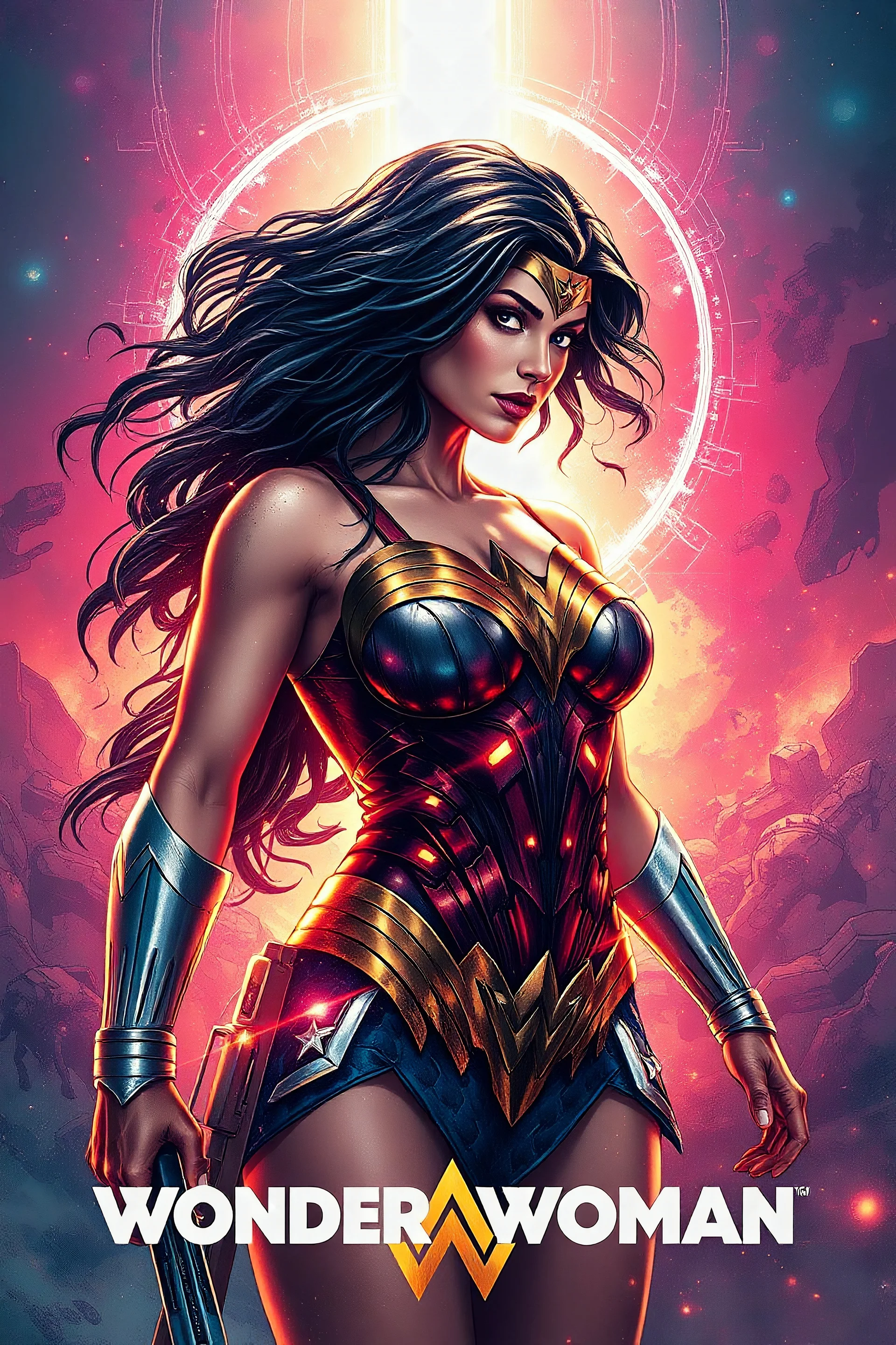 Wonder Woman Full-length image, centered| key visual| intricate| highly detailed| breathtaking beauty| precise lineart| vibrant| comprehensive cinematic| Carne Griffiths| Conrad Roset, best quality, Trending on artstation, Trending on MidJourney, Award Winning, Timeless art work, Masterpiece, Genius, Worldclass, Extra ordinary, Aesthetic, Beautiful, Stunning, Brilliant, cinematic, Dynamic, Cinematic lighting, inspirational, 4K resolution, 8K resolution, Artstation HD, Artstation HQ, Vivid,