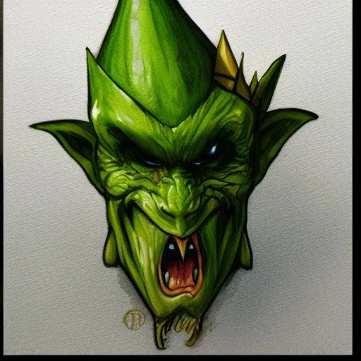 dungeons and dragons, fantasy, goblin, king, green skin, watercolour, large strokes, distinct face, portrait, head, crude crown