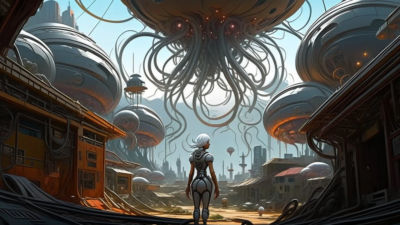 worms-eye view of a woman in a silver robotic catsuit standing in a futuristic derelict alien city with mushrooms with tentacles floating in the sky, Ian McQue