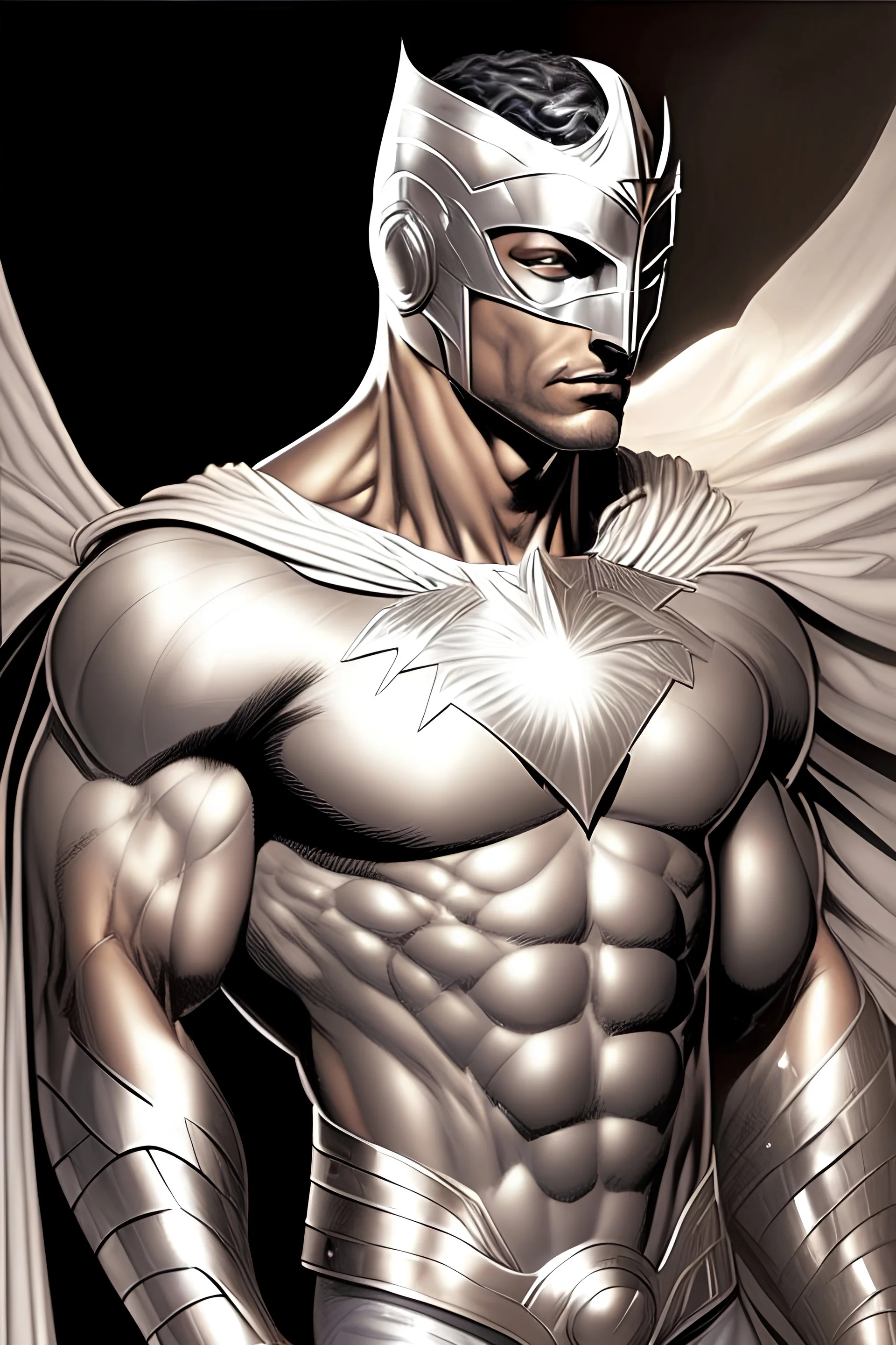 draw me a picture of a male superhero called Silver Shield who is Egyptian