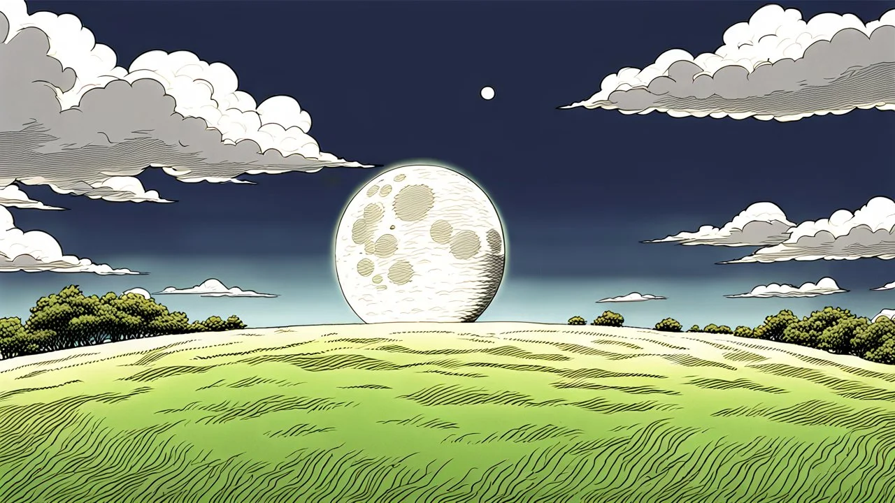 giant virtual moon, maximum quality, centered on frame, far view, in the middle of a grassy hill, white sky with cumulonimbus, manga