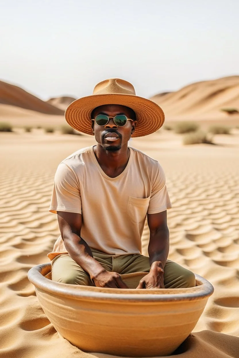 African man wearing hat and sunglasses, rowing small boat in desert sand