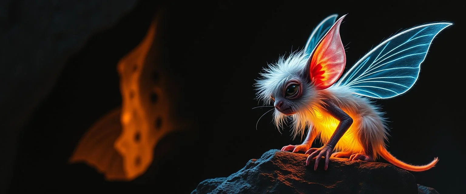 pen outline with some neon airbrush, glowing quickling pixie gremlin in the shadows with long fluffy white fur looking at awesome glowing cave painting, pin hole camera, in the style of Rembrandt