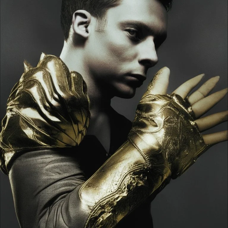 having fashion golden spike gloves on his arm