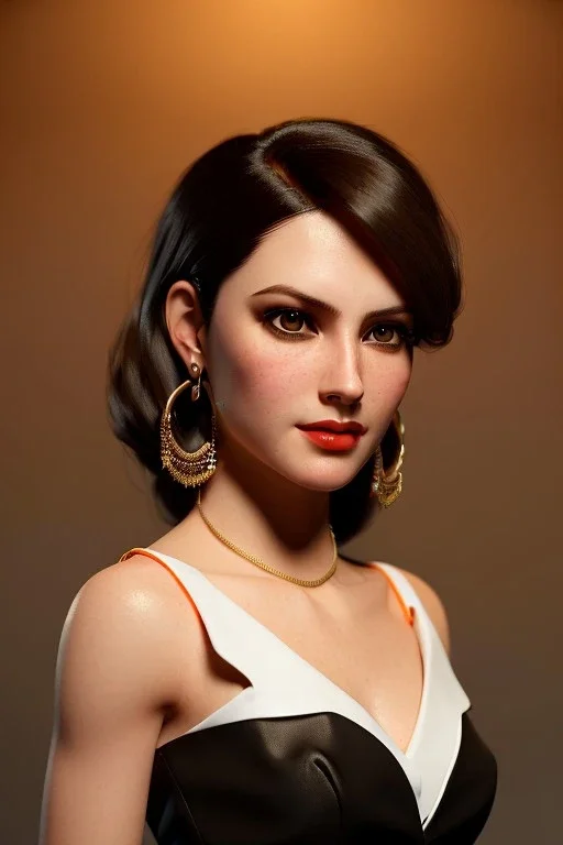 young business woman, brown hair, dark orange eyes, hoop earrings, red blouse, elegant, dark eyeshadow, black eyeliner, high arch angular eyebrows, head and shoulders portrait, 8k resolution, Artgerm, WLOP, Alphonse Mucha dynamic lighting, hyperdetailed, intricately detailed