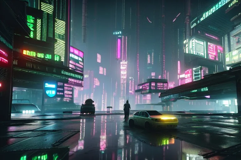 Cyberpunk district with giant foggy skyscarpers, cars, FoV: 100, HD, Unreal Engine 4, heavy rain, rainy streets reflection, neon signs, low contrast, grainy, less color, titanfall,