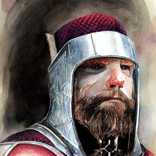 dungeons and dragons, fantasy, dwarf, dark priest, full plate armour, ironclad, dark silvery metal, dark red glow, watercolour, large strokes, distinct face, portrait, head