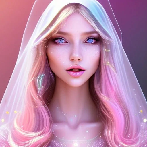 beautiful, soft, big smile face, whole head, long straight blonde hair blues eyes, crown on the head, clothing in transparent bluish and pink veil, background brillante bluish and pink, hight definition, 8K