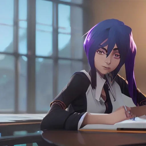 Anime girl studying in the classroom, unreal engine 5 --ar 2:1