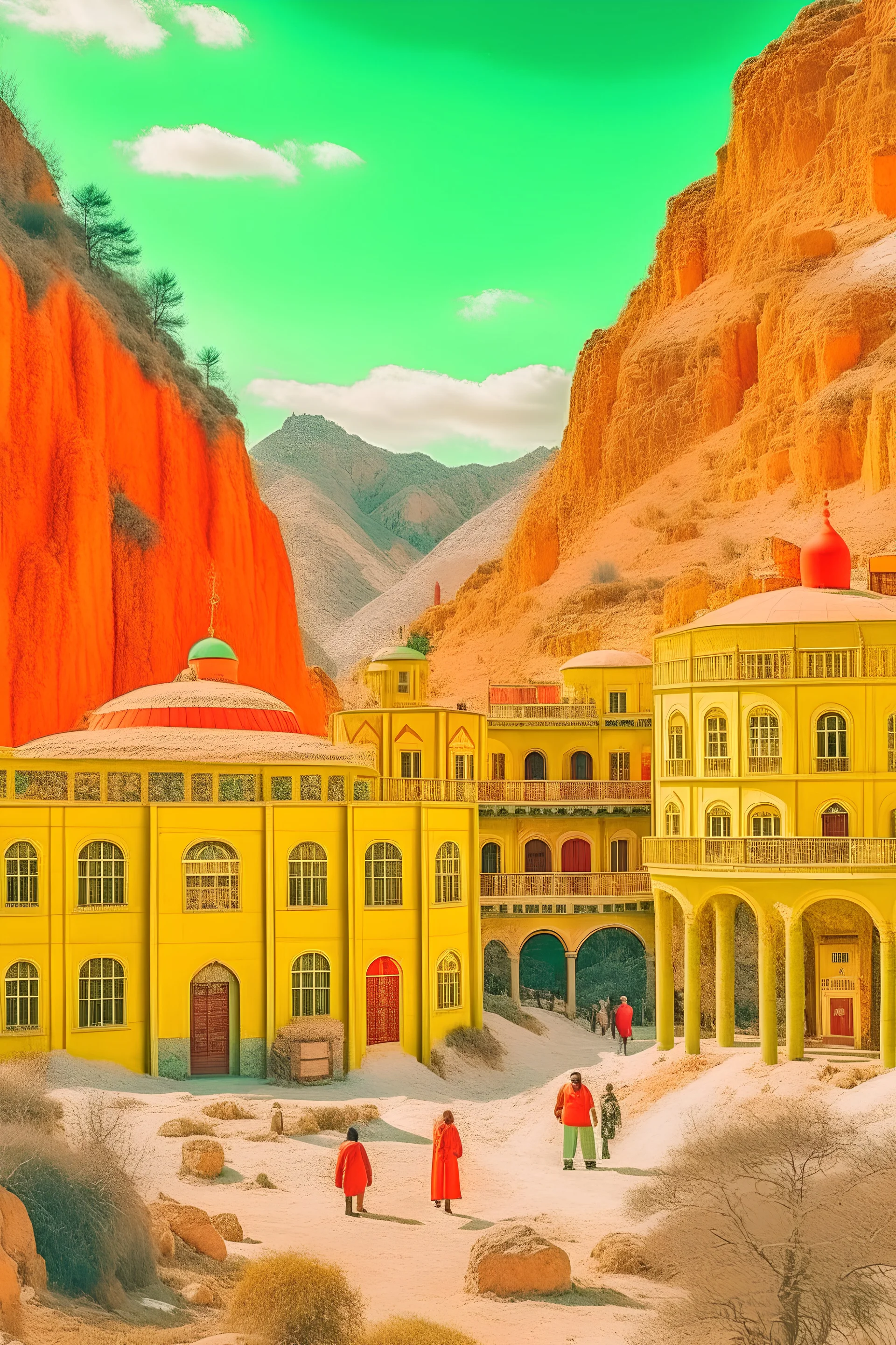 Wes anderson style, Palace on top of Ancient Lost City of Atlantis, Old futuristic big african village built under a overhanging snow mountain, many villagers walking, village on the ceiling of the cave and are connected through constructions, colorful, african style, sunny, seen wide. Shot on a Leica SL2 camera at F 1. 2 aperture setting, sharp, ultra detailed, 8k