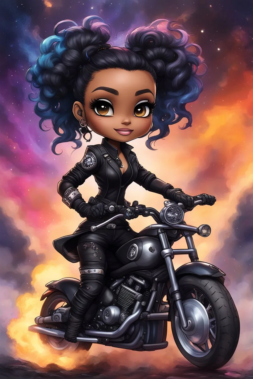 Create a galaxy art illustration of a chibi cartoon full figure black female riding a sports motorcycle. She is wearing tie dye and black tights with biker boots. Prominent make up with log lashes and hazel eyes. Extremely highly detailed black shiny wavy hair up in a messy bun. Background of smoke surrounding her and the bike and she's at a bike show.