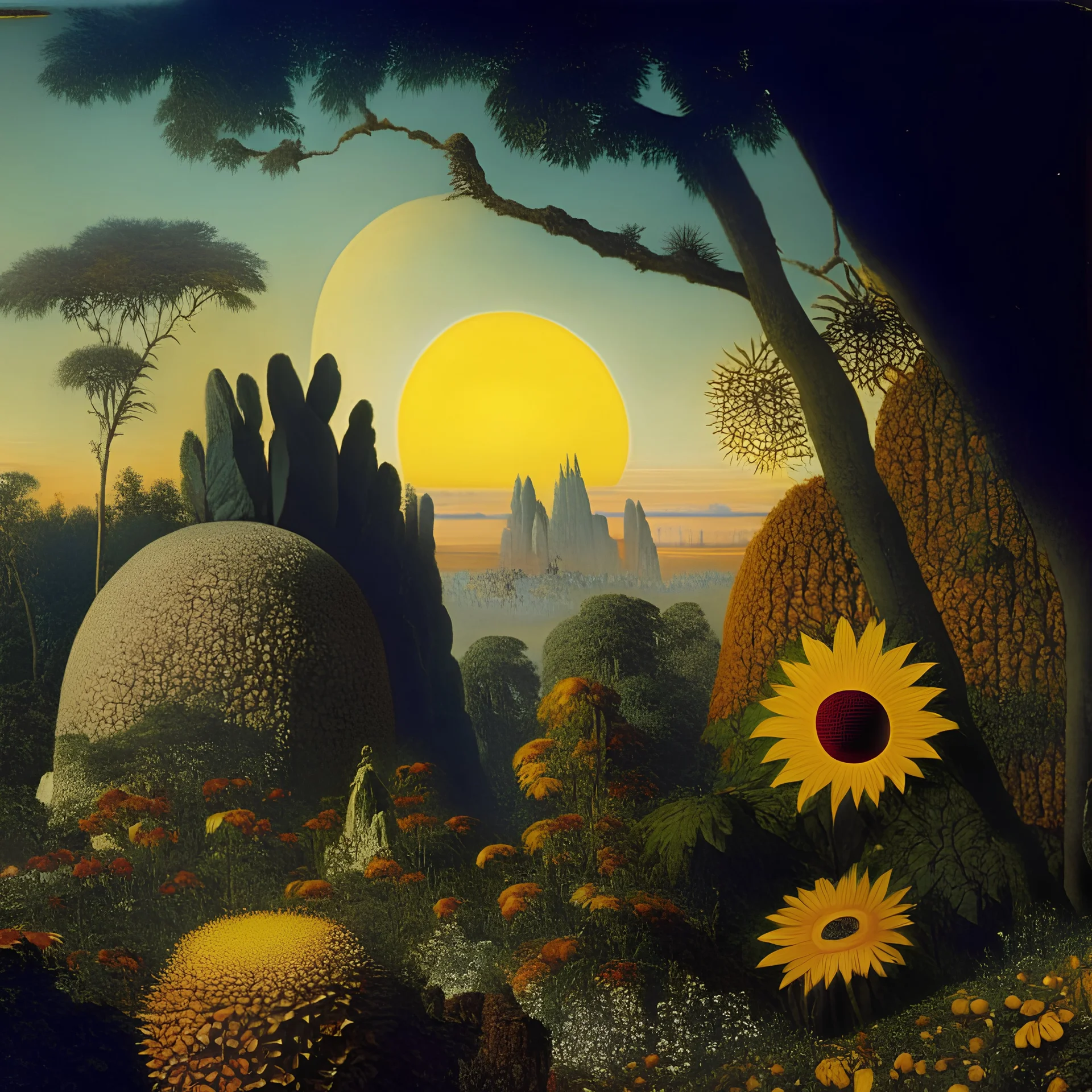 High definition photography of a marvelous landscape, trees, flowers, giant sun, people, intricate, rock formations, atmosphere of a Max Ernst painting, Henri Rousseau, thoughtful, interesting, a bit appalling, smooth