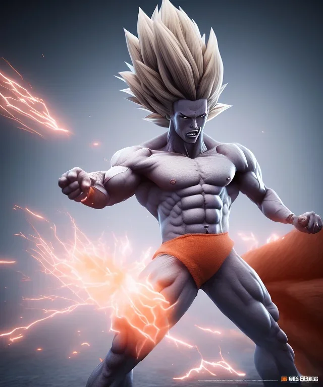 Goku, fighting pose, muscular body, shirtless, volumetric details, hyper realism, unreal engine 5