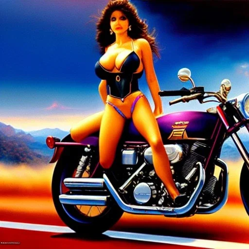 portrait of busty beautiful 'Female Rider on Akira's Bike',painting by Earl Norem, simon Bisley, evan lee, 86-86, oil on canvas, cinematic composition, extreme detail,fit full head inside picture,8k