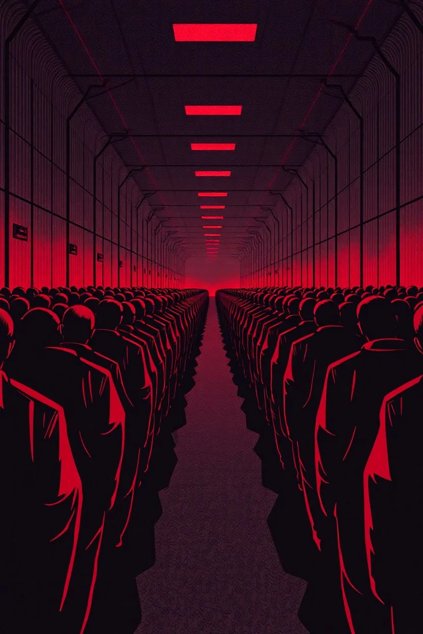 "A conceptual black-and- dark Red digital illustration of a massive prisons walking in the same direction, heads down, symbolizing conformity. The atmosphere feels lifeless and repetitive, emphasizing the ordinary mindset of the majority."