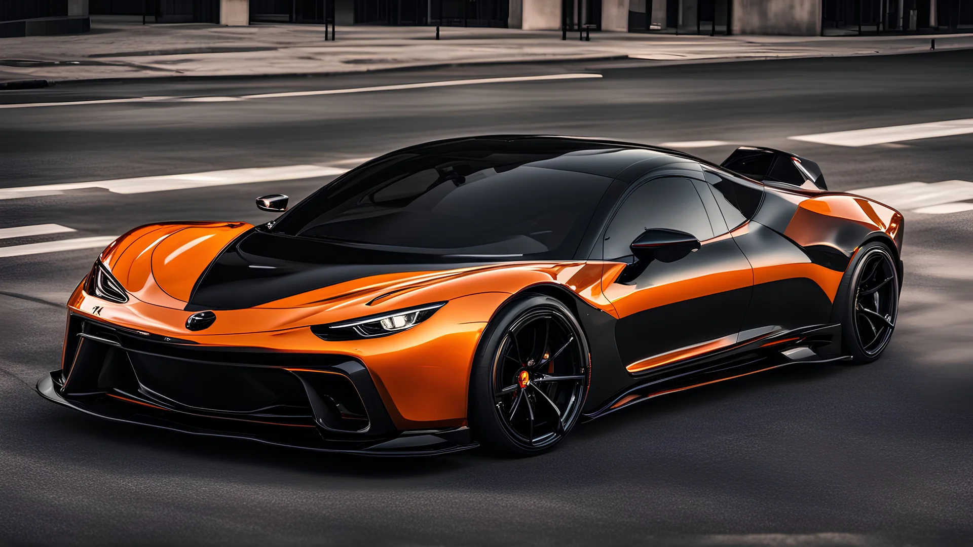 super futuristic sport car, electric, orange and black paint, black strypes, big wheels, tuned, shinning paint, front 3/4 view angle, spoiler, turbo, mazda influence, greath details on paint black background on street.