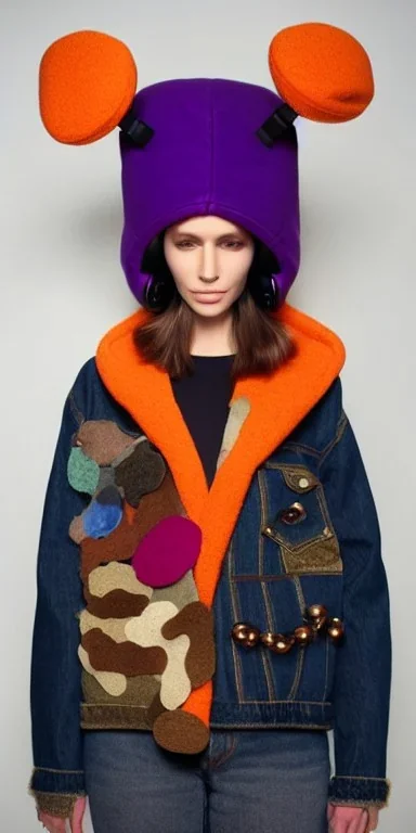 Brunette she. average body type. big head. Mantle is sewed of upcycled Denim and sewed together of camouflage pieces. Pieces' color are orange, cream and purple. It is with big bright purple felt tippet and cream-colored-hood. mantle is merged with satchel. . Big AKG-style headphones (gold rings!) is merged with small felt cap with small visor. Style: Haute Couture in 1910's, Paris fashion in 1998, inspired by street art. Cream latex gaiter. Her head and rest body!