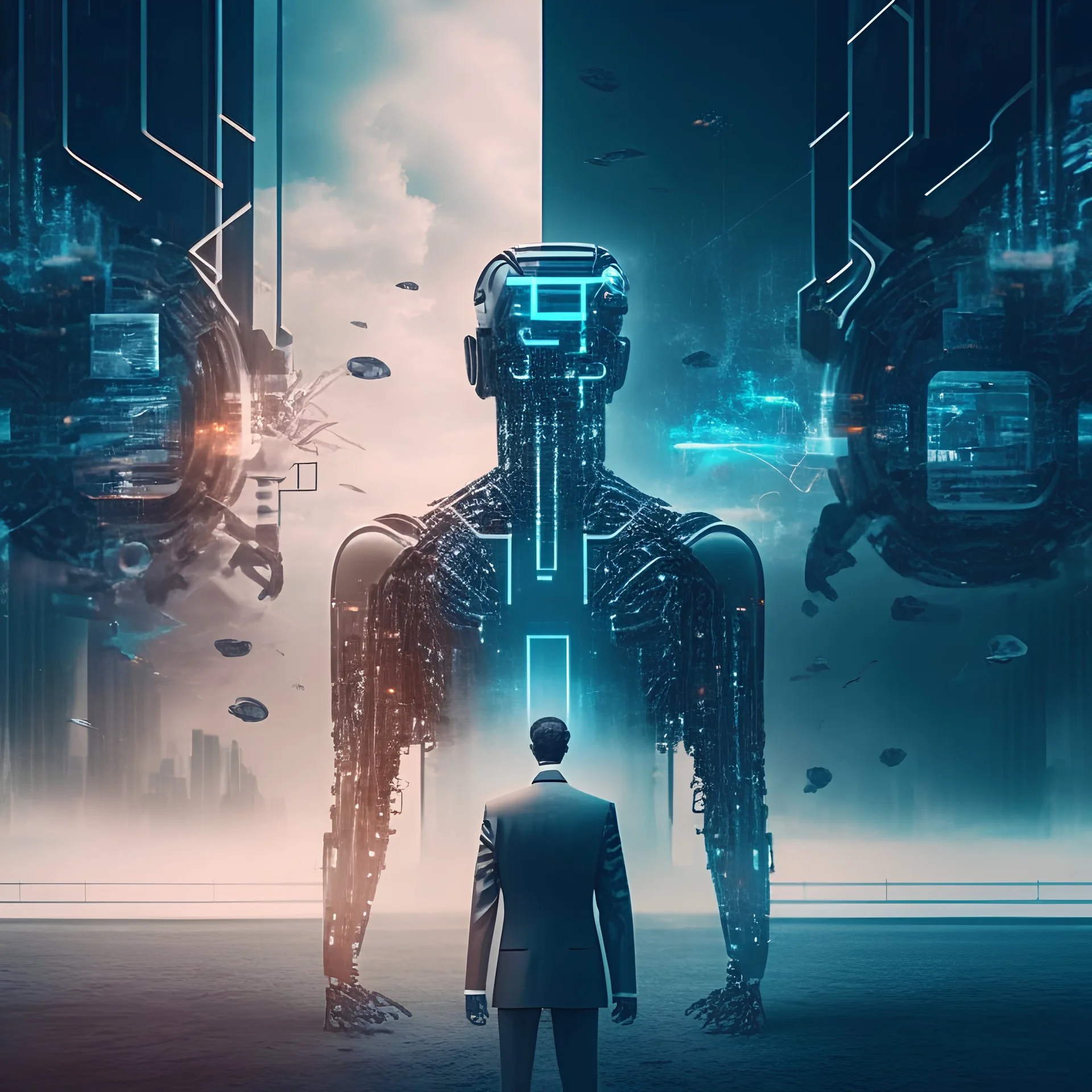 Create a visually striking scene that showcases the relationship between a human and AI, emphasizing human control over ai. The focus should be on the man getting power from technology for business improvement