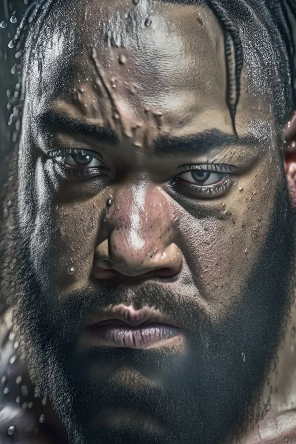 close up 33 years old nigerian carpenter man hands behind the head , in an abandoned warehouse, serious, bearded burly chubby , serious eyes, under the shower, wet, dripping water, manly torso, photorealistic, 50mm photo, ambient occlusion , side view from the ground