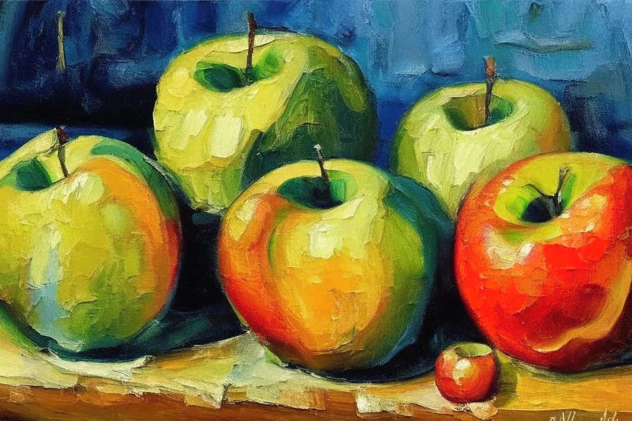 Abstract impasto oil painting of an apples on a table in the style of cezanne style of William Turner
