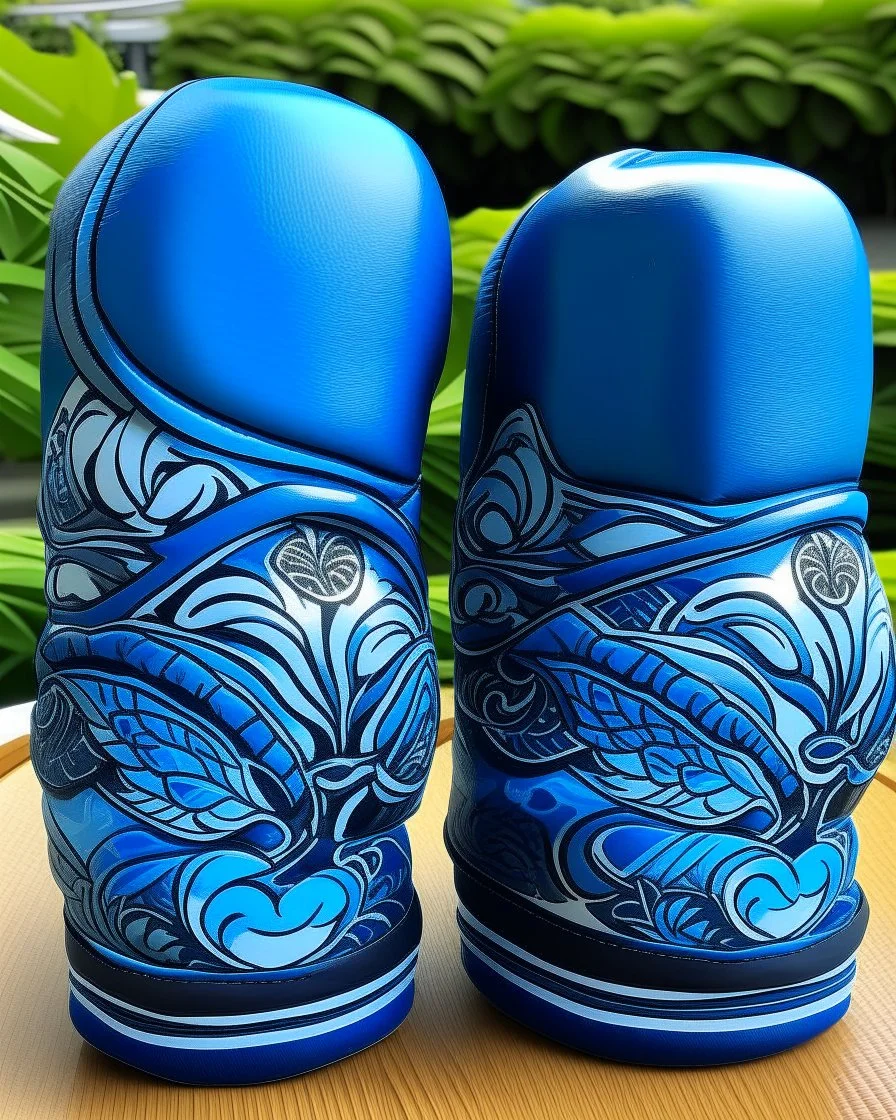 Blue water boxing gloves designed in Hawaiian tikis painted by Katsushika Hokusai