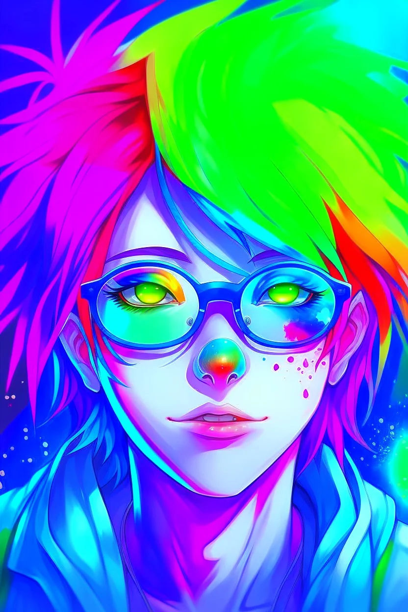 Anime man with glasses, messy rainbow hair, realistic