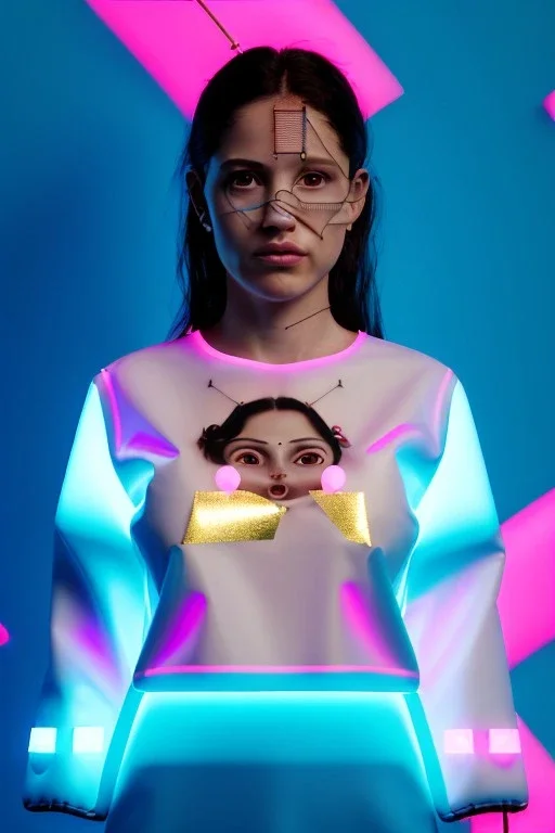 Ultra Realistic image, Rosalía artist, 40 years old, portrait, normal complexion, natural small busty, traditional little tattoo, two bows, little chopsticks hair ,black eye long liner, latex t-shirt and inflatable coat, gold pink and blue style, spray line glow make up, geometric led jewelry, fog, hot, inflatable style latex coat, vibrant color, highly detailed, art stations, concept art, smooth, unreal engine 5, god rays, ray tracing, RTX, lumen lighting, ultra detail, volumetric lighting.