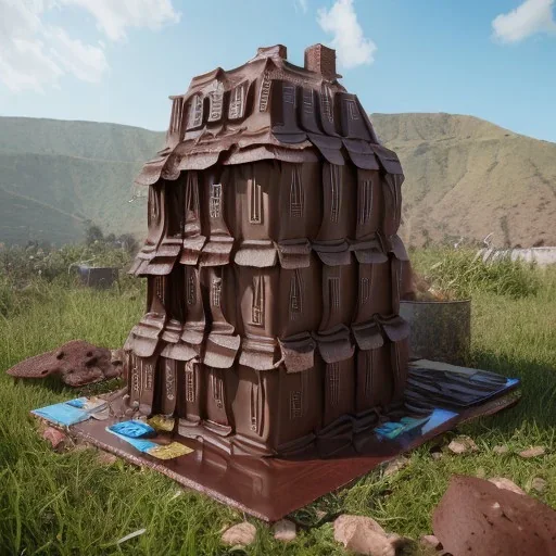 House cake chocolate waterfall made of chocolate is flowing, unreal engine