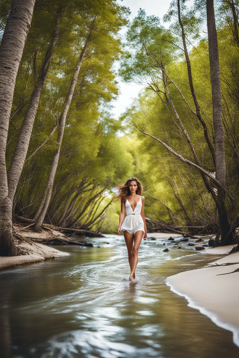 beautiful girl walking toward camera in trees next to wavy river with clear water and nice sands in floor.camera capture from her full body front