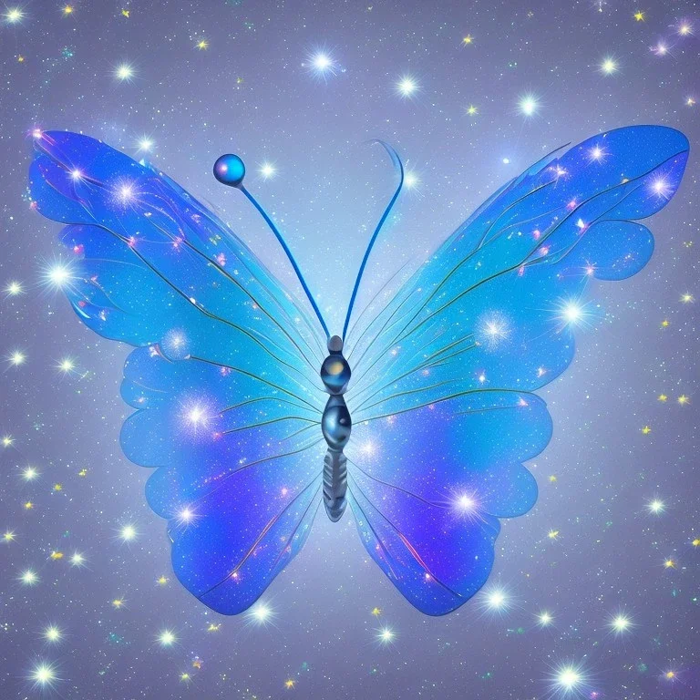 subtle transparent bright glitter blue butterfly, light, galactic, subtle flowers