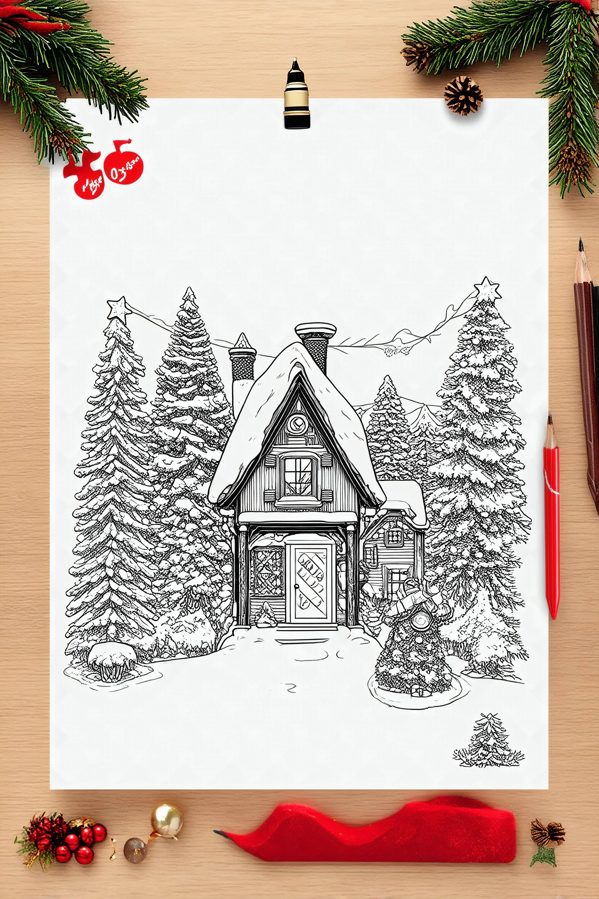 coloring page christmas style, realistic, north pole village, black and white