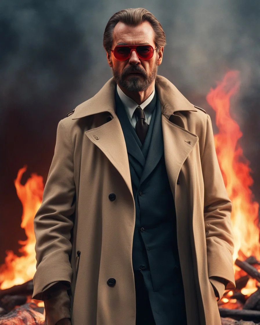 a man who looks like hans gruber wearing a trench coat and red sunglasses staring with an irritated look on his face standing in front of a fire