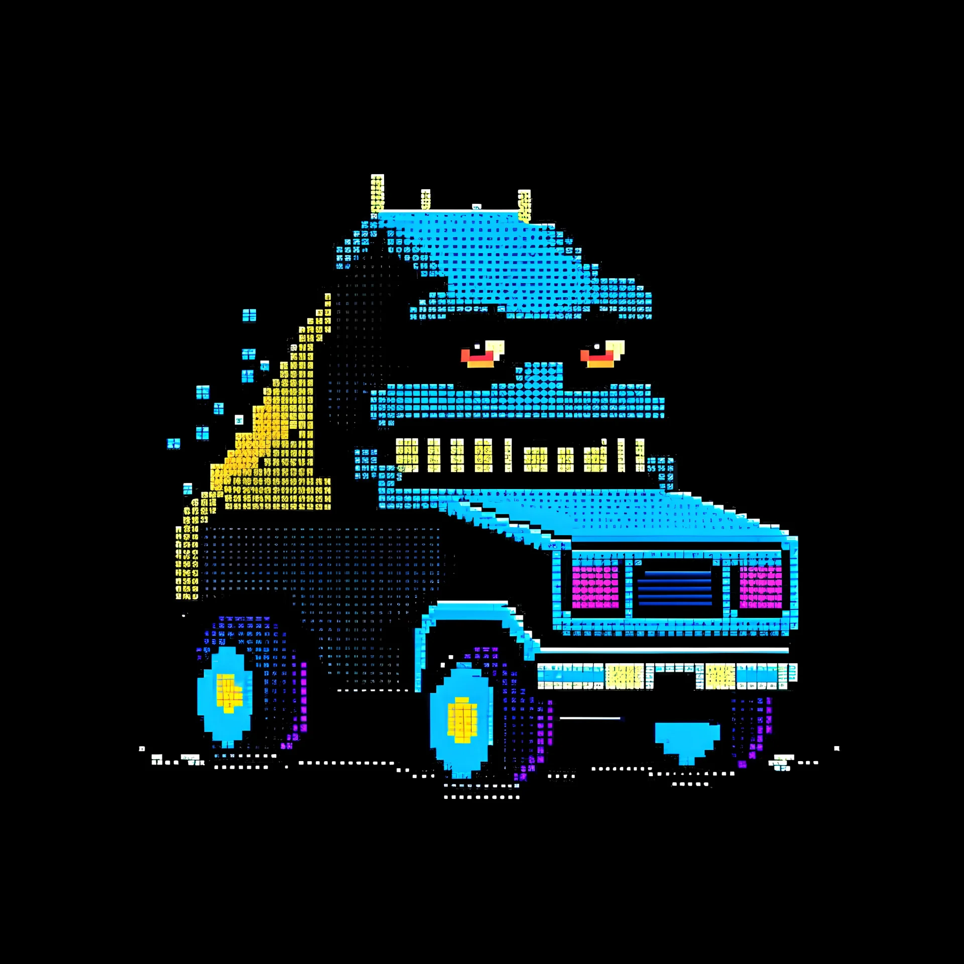Dot 8bit art truck monster for a t-shirt design, black background
